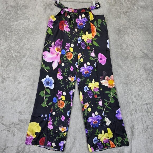 Fleur Du Mal Enchanted Garden Cutout Pants M Black Floral Silk Wide Leg Satin
